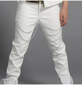 White black leather fashion fringes boys kids children drum players jazz dj singer stage performance school play hip hop dance costumes outfits pants trousers